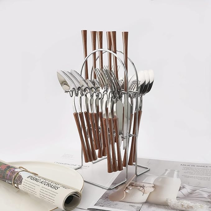 25 PCS Silverware Set with Storage Holder - Family Flatware Set Service for 6 - Silver Stainless Steel Cutlery Set with Wood Grain Handle - Tableware Utensils Set with Hanging Rack - Mirror Polished