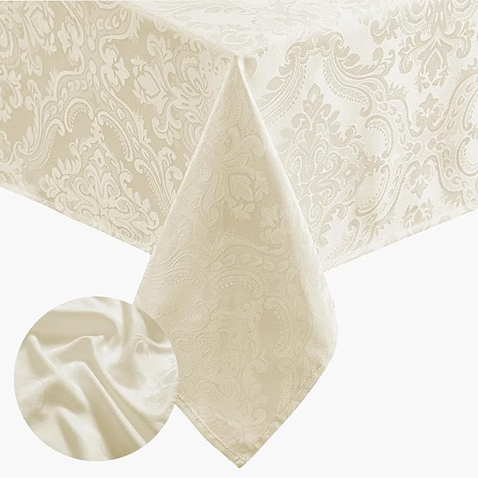 Elrene Home Fashions Caiden Elegance Damask Waterproof, Stain & Wrinkle Resistant Fabric Tablecloth, 52" x 52" Square, Ivory