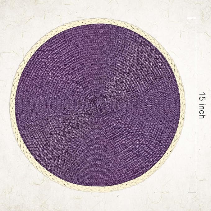 Noctiflorous Round Placemats Set of 4, 15 Inch Braided Hand Woven Table Mats, Heat Resistant Non-Slip Wipeable Thin Edge Place Mats for Kitchen Dining Indoor Outdoor Use(Purple, 4)
