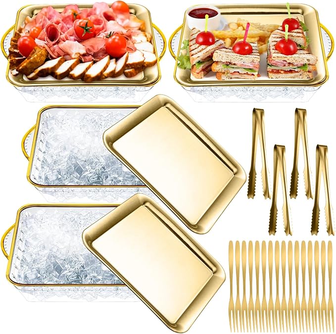 Baderke 9" Chilled Serving Tray for Christmas Parties Ice Chilled Party Platter Charcuterie Serving Board Cold Dish Dip with Forks Tongs for Fruit Seafood Vegetable Appetizer(Gold,4 Set)