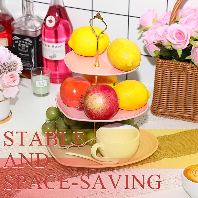 Layhit 1 Pack Valentine's Day 3 Tier Cupcake Stand Heart Shaped 3 Tiered Serving Trays for Party Plastic Tray Dessert Cupcake Stand for Tea Party Baby Shower Wedding (Pink)