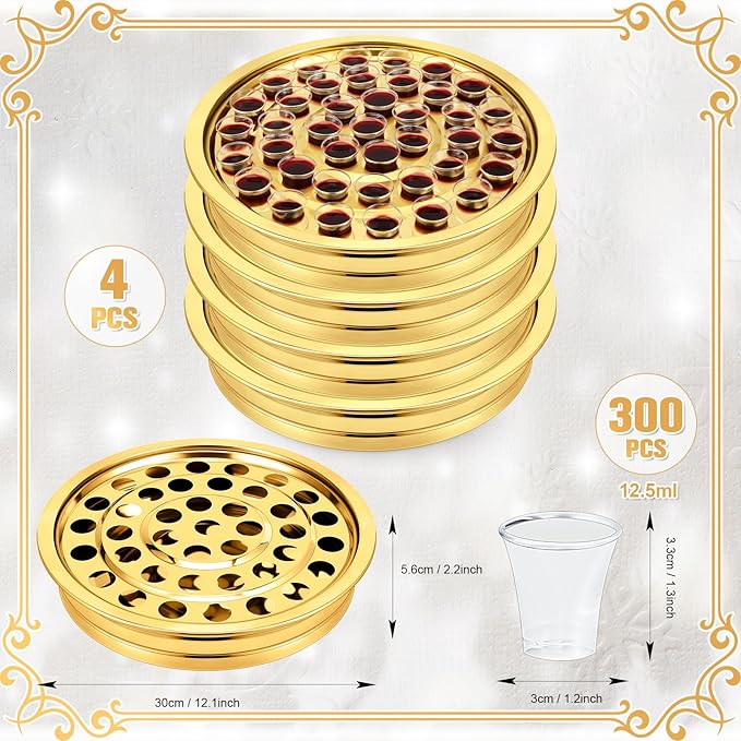 Zhehao 4 Pcs Easter Communion Trays for Churches Set Church Supplies Plates for Church with Disposable Cups (Gold)