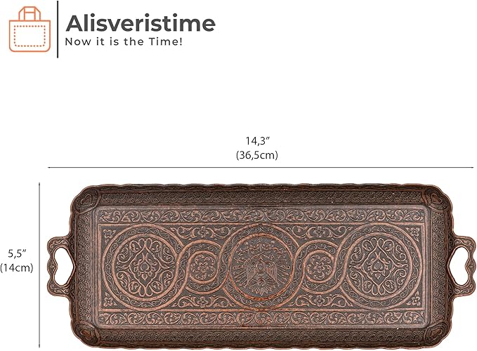 Alisveristime Turkish Ottoman Coffee Tea Beverage Serving Rectangle Tray (Small Tray) (13 INC*5.5 INC) (Copper)