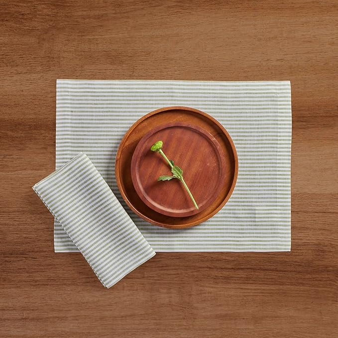 Solino Home Linen Cloth Placemats Set of 4 - Narrow Stripe 100% Pure Linen Avocado and White Farmhouse Placemats 14 x 19 Inch for Christmas, Winter, New Year