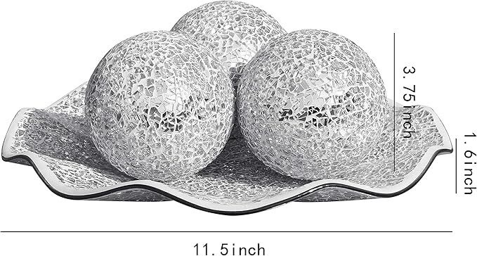 Mosaic Glass Decorative Tray Set, 11.5 inch Plate Bowl with 3 Balls, 3.75 inch, Handmade Centerpiece (Silver)