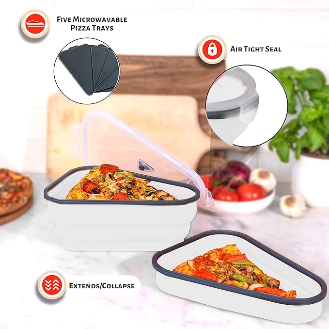 PIZZA PACK The Perfect Reusable Pizza Storage Container with 5 Microwavable Serving Trays - BPA-Free Adjustable Pizza Slice Container to Organize & Save Space, 4 Pack, White