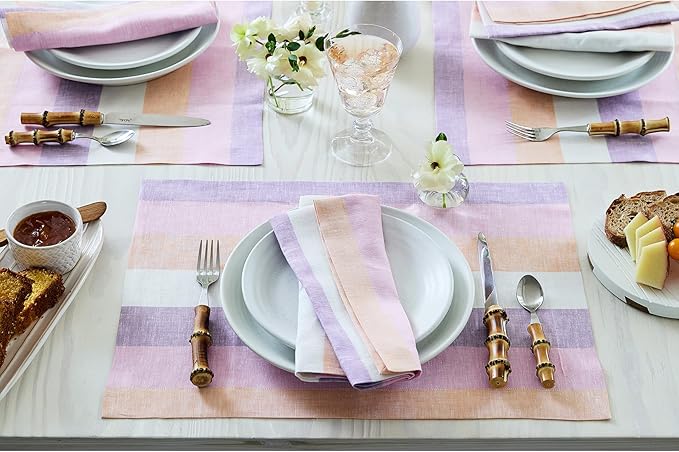 Solino Home Linen Placemats Set of 4 - Multicolor Gelato Stripe Placemats 14 x 19 Inch - 100% Pure Linen Place Mats