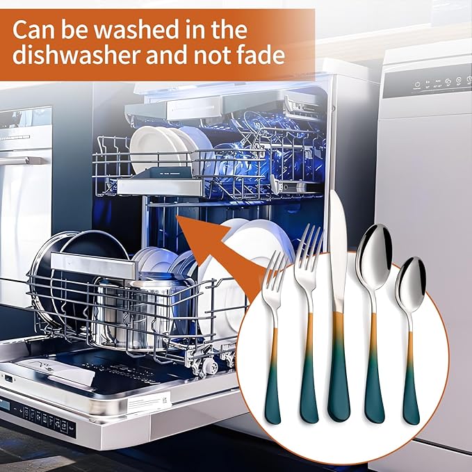 20 Piece Green and Orange 18/0 Flatware Utensil Set for 4, Include Dinner Knife,Dinner Forks,Dinner Spoons,Salad Forks,Teaspoons,Silverware Set for 4, Dishwasher Safe