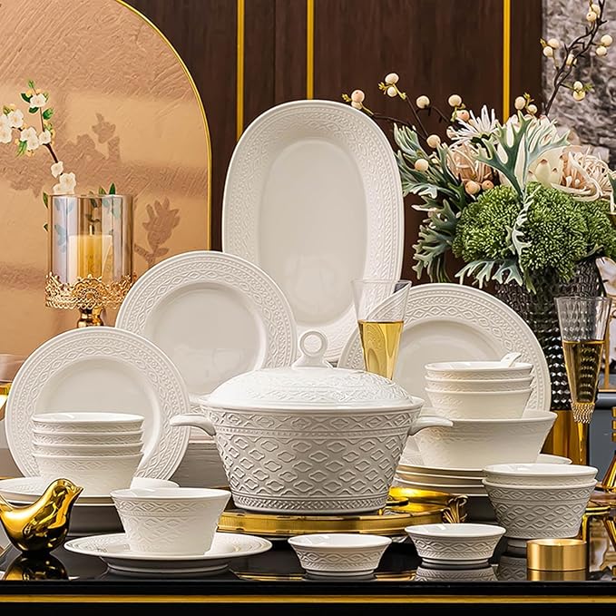 White Dinnerware Sets for 8 Dinner Plates 24 31 38 46 62pcs Plates And Bowls Sets Simple Style Dishware Sets Kitchen Dishes Set Dinner Set for Family Gatherings Dishwasher&Microwave Safe(38pcs)