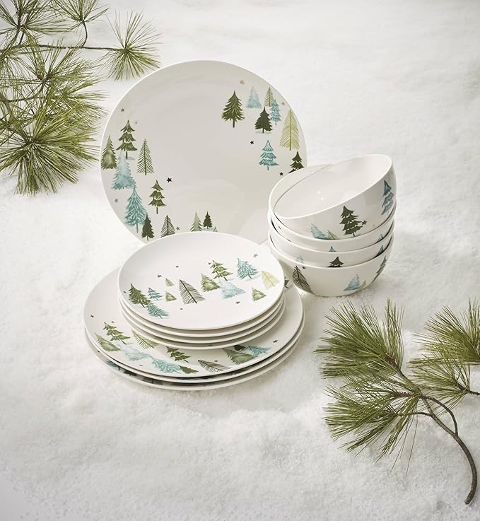 Lenox Dinnerware, Balsam Lane 12-Piece Dinnerware Set, Service For 4, Porcelain, Dishwasher & Microwave Safe, Plates & Bowls Sets, Christmas, Holiday Hosting, Home and Kitchen (White/Green, 12 Piece)