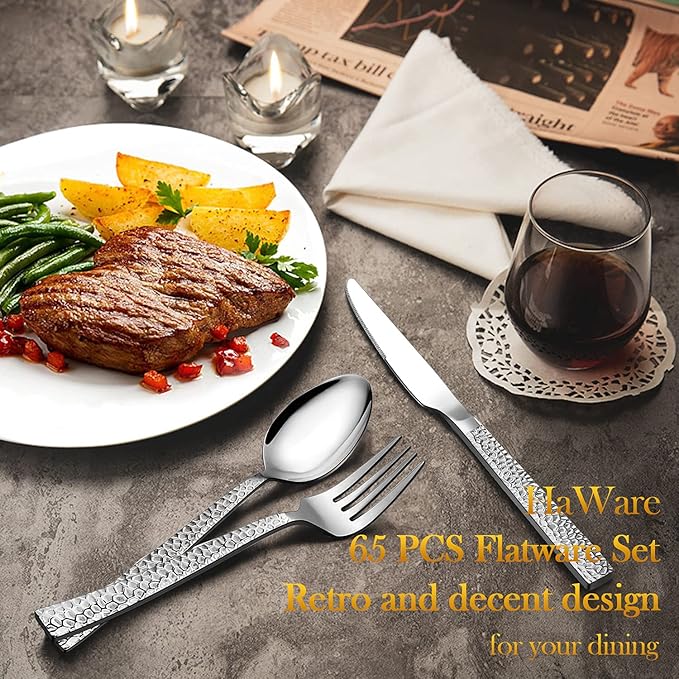 HaWare 65-Piece Hammered Flatware Serving Set, Stainless Steel Silverware Cutlery Set for Home/Hotel/Restaurant, Service for 12, Elegant & Classic Design, Dishwasher Safe-Square Edge