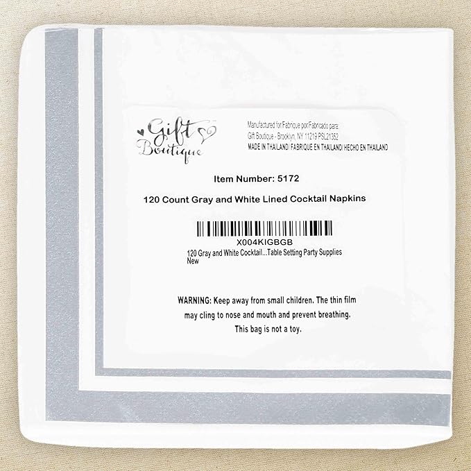 Gift Boutique Gray and White Cocktail Napkins – 120 Pack 5 x 5 Inch 3-Ply Disposable Lined Beverage Napkins for Parties, Weddings, Anniversaries, Events, and Special Occasions