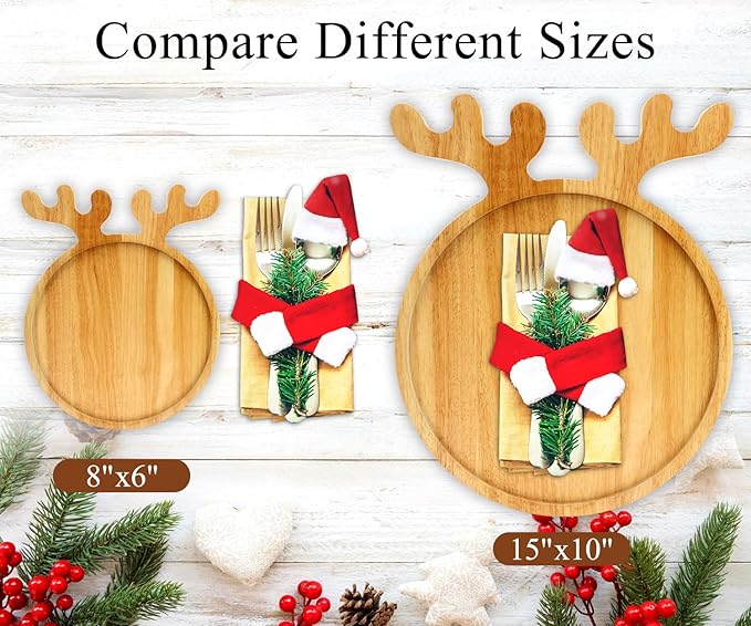 Renawe Christmas Decor Wood Tray 15"x12" Large Round Serving Platters Wooden Charcuterie Board Xmas Dinner Plate Dish Cookies Trays Cheese Board Charger Plates for Christmas Holiday Dessert Platter