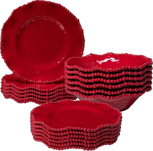 Christmas Red 18 Piece Beaded Melamine Dinnerware Sets, Service for 6, Lightweight Unbreakable, BPA Free With Scalloped rim Plates and Bowls Sets, Dishwasher Safe, Indoor and Outdoor Use