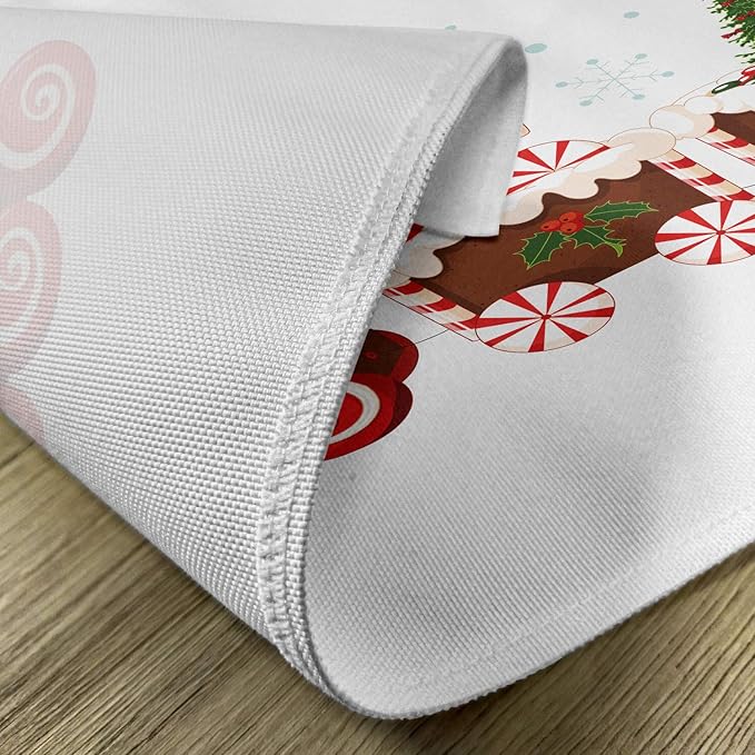 Ambesonne Christmas Place Mats Set of 4, Train Gingerbread Cream Candy Cartoon Toys Snowflakes Presents, Washable Fabric Placemats for Dining Table, Standard Size, White Brown