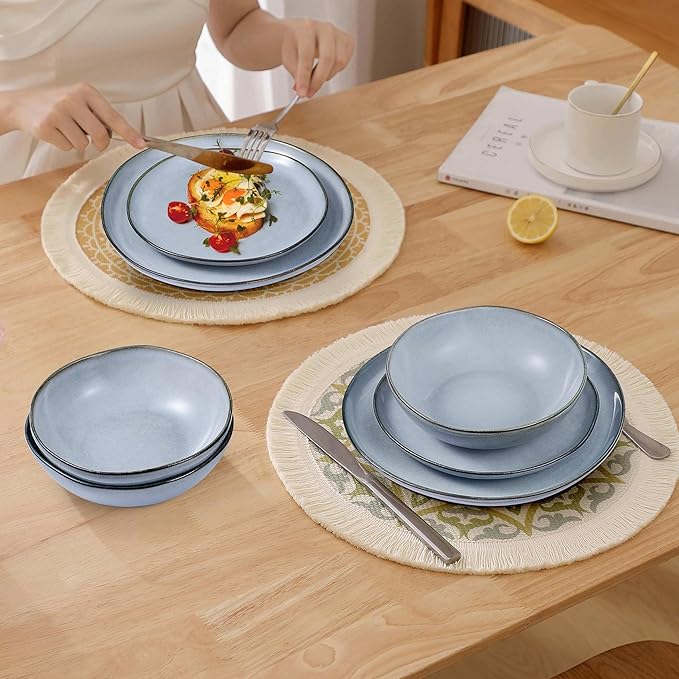 Herogo Stoneware Dinnerware Sets for 6, 24 Piece Ceramic Dinner Dishes Set, Irregular Handmade Plates and Bowls Dishware, Crack and Scratch Resistant, Reactive Glaze, Smoky Blue