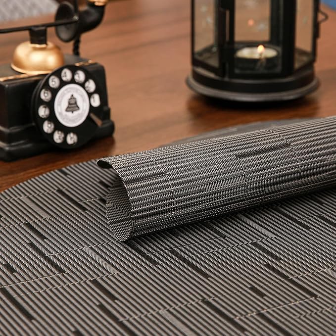 Round Placemats Set of 6 Heat Resistant Vinyl Placemats 15 inch Washable Non-Slip Table Mats Woven Place Mats for Dining Table (Black + Dark Gray, Set of 6)