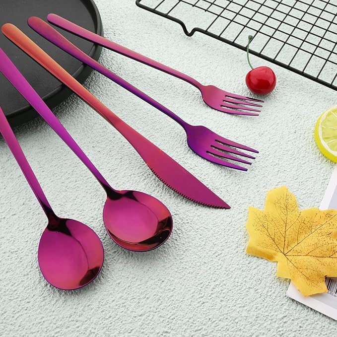 30pcs Korean Style Silverware Set Reusable Metal SUS304 Stainless Steel Fork Spoon Set Metal Portable Flatware Set Utensils Dishwasher Safe Mirror - Purple