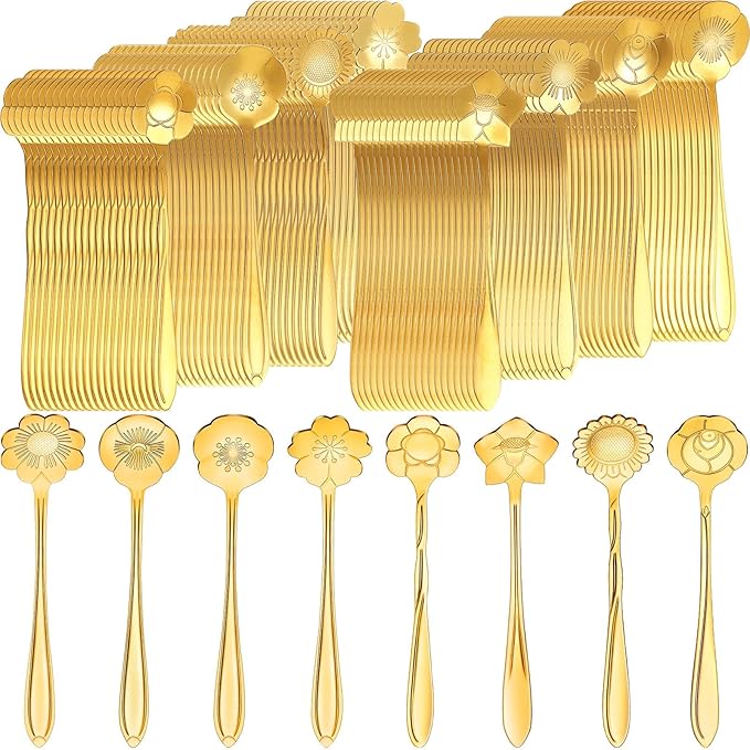 Eboot 160 Pcs Gold Flower Teaspoon Stainless Steel Tea Party Spoons Mini Cute Teaspoon Stirring Coffee Sugar Drink Demitasse Espresso Spoons for Bridal Baby Shower Wedding Party Favors Decorations