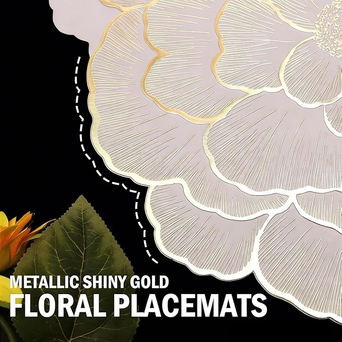 FAVE 6PCS Floral Round Placemats Golden Placemats Vinyl Placemats Set of 6 for Dining Table Reusable Metallic Shiny Gold Placemats for Wedding, Banquet, Birthday, Party, Restaurant （15 x15,Gold）