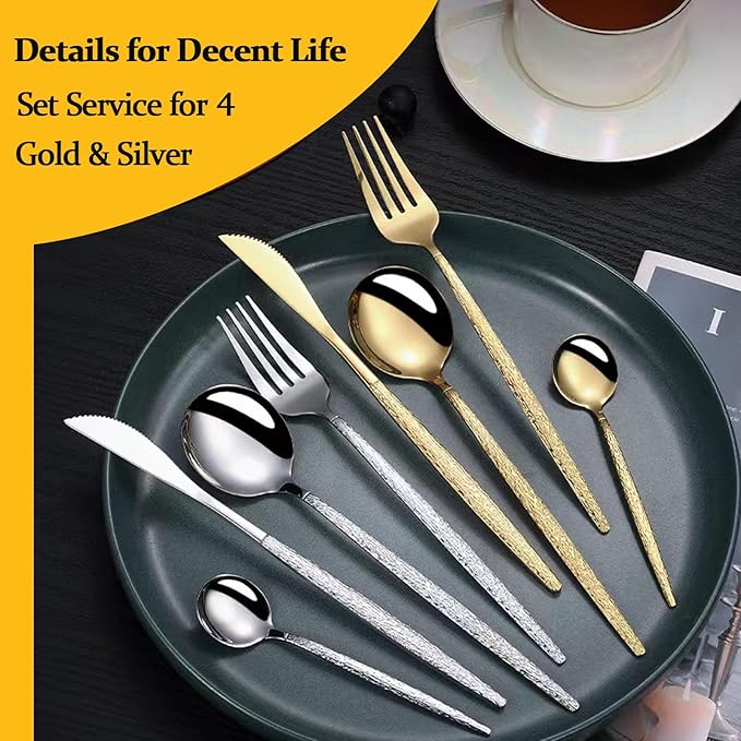 Silverware Set for 4, 16 Piece, Food Grade Stainless Steel Flatware Set, Hammered Gold Cutlery Set For Home Kitchen Restaurant Hotel, Mirror Polished Serving Utensils Set, Forks/Steak Knife/Spoons