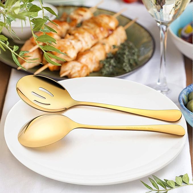LIANYU 8-Piece Large Gold Serving Spoons and Slotted Utensils, 9.8Inch Stainless Steel for Party Buffet Restaurant Banquet Dinner Catering, Dishwasher Safe