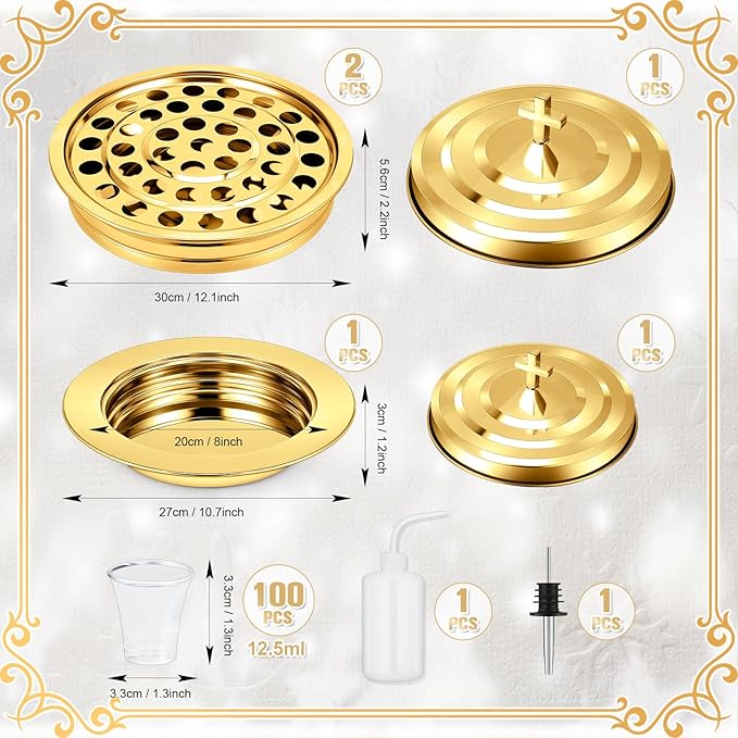Zhehao 3 Pcs Communion Set Holy Trays for Churches with Lid Communion Plates with Lid Churches Cups Filler and Disposable Cups Supplies (Gold)