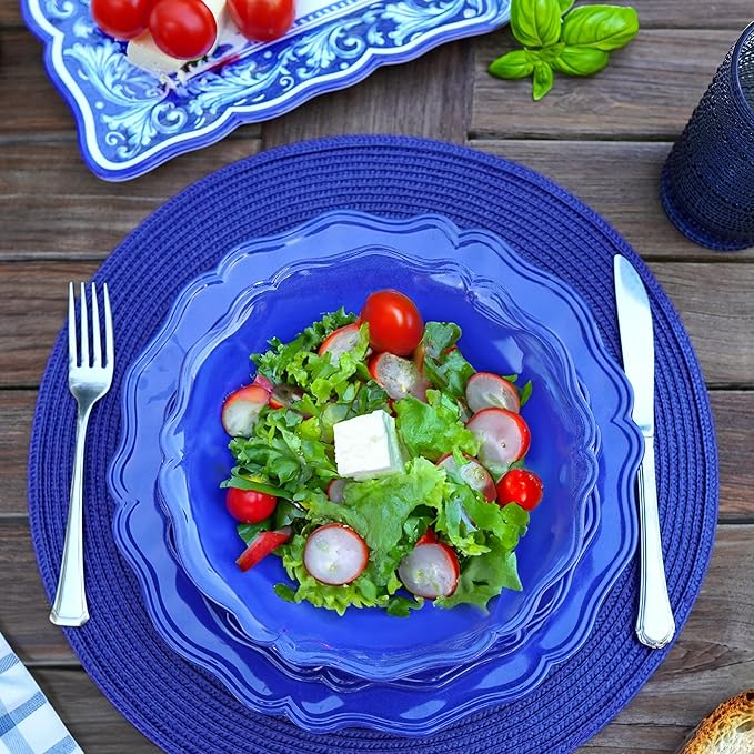 Certified International Isabella Blue Melamine Dinner Plates Set of 4, Lightweight Unbreakable Plates for Indoor Outdoor, Dishwasher Safe, BPA-Free, Great for BBQ, Poolside, Patio, RV Use (Pack of 3)