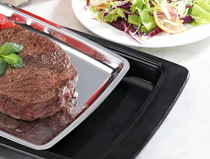 New Star Foodservice 26672 Rectangular Stainless Steel Sizzling Platter with Insulated Holder, 11" x 7.25", Black