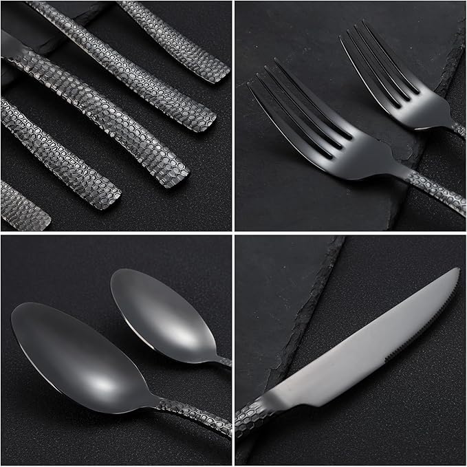 30-Piece Black Silverware Set, Heavy Duty Hammered 18/10 Stainless Steel Flatware, Food-Grade Cutlery, Tableware Including Fork Knife Spoon - Dishwasher Safe
