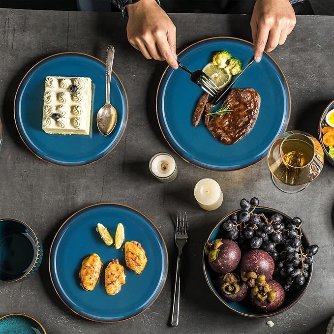 CSYY 2 Pack Large Dinner Plates, 10.5 Inch Blue Porcelain Salad Plates Round Ceramic Serving Dining Plate Set for Dinner Pasta Fruit Salad