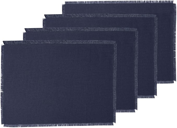 Solino Home Linen Navy Blue Placemats Set of 4-100% Pure Linen Placemats 14 x 19 Inch for Christmas, Holiday, Winter, New Year - Fringe