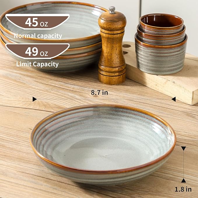 HASENSE Pasta Bowls Set of 4, 32 Ounce Ceramic Serving Bowls for Kitchen, 8.7 Inch Shallow Serving Dishes for Salad, Pasta, Soup, Dishwasher & Microwave Safe, Light Grey