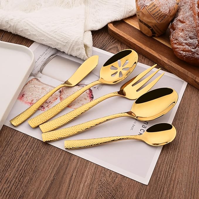Serving Utensils Set, 5-Piece 18/8 Stainless Steel Hostess Serving Set, Elegant Hammered Serving Utensils for Home Restaurant and Buffet Catering, Heavy and Mirror Polished, Gold