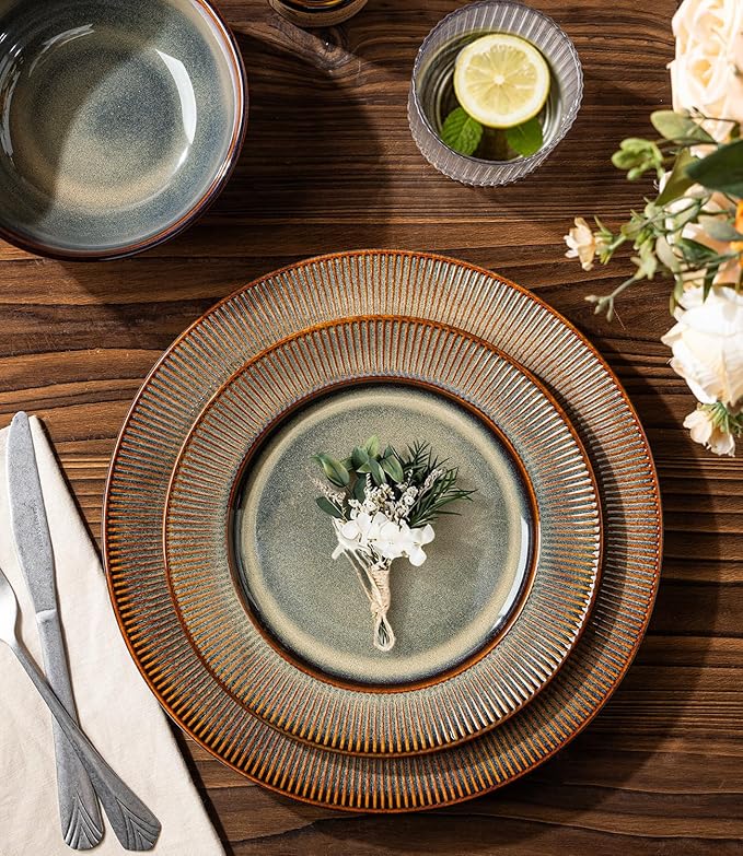TheTerra Stoneware Dinnerware Sets for 6, 18 Pieces Ceramic Lightweight Plates and Bowls Sets, Scratch Resistant Embossed Dish Set, Oven, Microwave & Dishwasher Safe, Coca Mocha