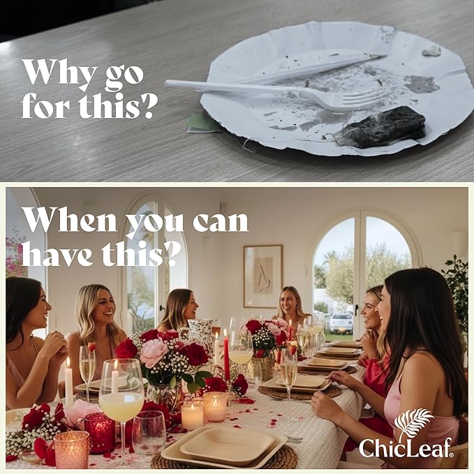 Chic Leaf Palm Leaf Bamboo Style Plates - 9-Inch Square, Pack of 50 - Compostable Serving Platters - Microwave -Disposable Plates - Durable Party Dishware, Upscale Look for Valentine’s Meals