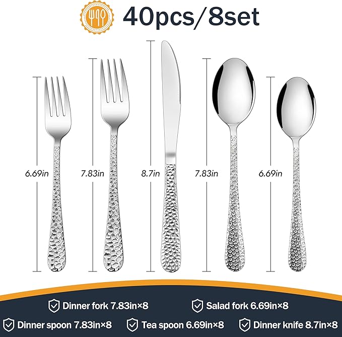 HaWare Hammered Silverware Set, 40-Piece Stainless Steel Flatware Set Serving for 8, Food-Grade Tableware Cutlery Set, Reusable Eating Utensil Sets for Home Restaurant, Mirror Polish, Dishwasher Safe