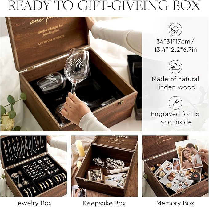 AW BRIDAL Mr and Mrs Wine Glasses and Decanter Set, Engagement Gifts for Couples 2025, Wedding Gifts for Bride and Groom, Anniversary Wine Glasses with Keepsake Box, Bridal Shower Gift for Bride to Be