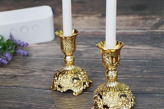 Taper Candle Holders with Deluxe Engraved Design, Set of 2 Premium Candlestick Holders in Gold