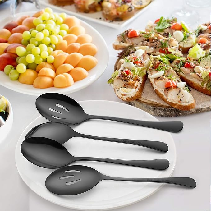 LIANYU 6-Piece Large Black Serving Spoons, Black Slotted Spoons, Stainless Steel Serving Utensils for Party Buffet Restaurant Banquet Dinner Catering, 9.8Inch, Dishwasher Safe