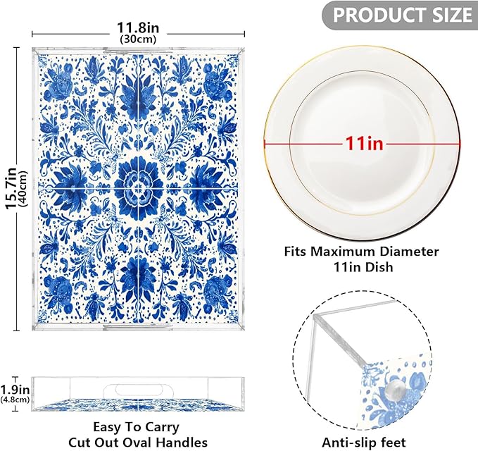 Serving Tray with Handles Clear Acrylic Tray 12x16 Inch Decorative Rectangular Tray Organizer for Ottoman Coffee Table Bathroom Floral Blue and White Tile
