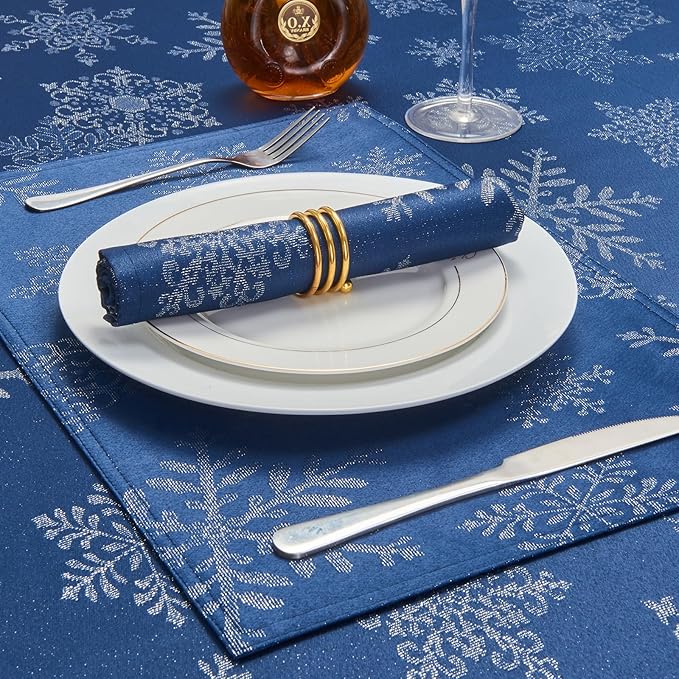 Rectangle Fancy Metallic Sparkling Snowflake Christmas Fabric Table Cloth red Hunter Gold Navy White Silver No-Iron Soil Resistant Woven Holiday Table Cover(Navy Silver/60x104Inch)