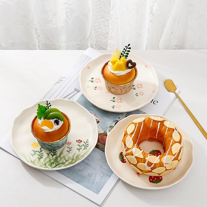 Koythin Ceramic Dessert Plates, Cute Fruits Dinner Plate, Printed Flowers Dinnerware for Office and Home, Kitchen Plates for Desserts (Double Flowers Blossoming)