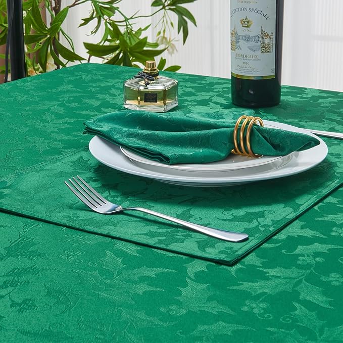 Rectangle Christmas Jacquard Table Cloth Waterproof Elegant Damask Floral Pattern Heavy Weight Wipeable Wrinkle Free Fabric Table Covers for Dinner or Daily Uses(Dark Green/60x84Inch)