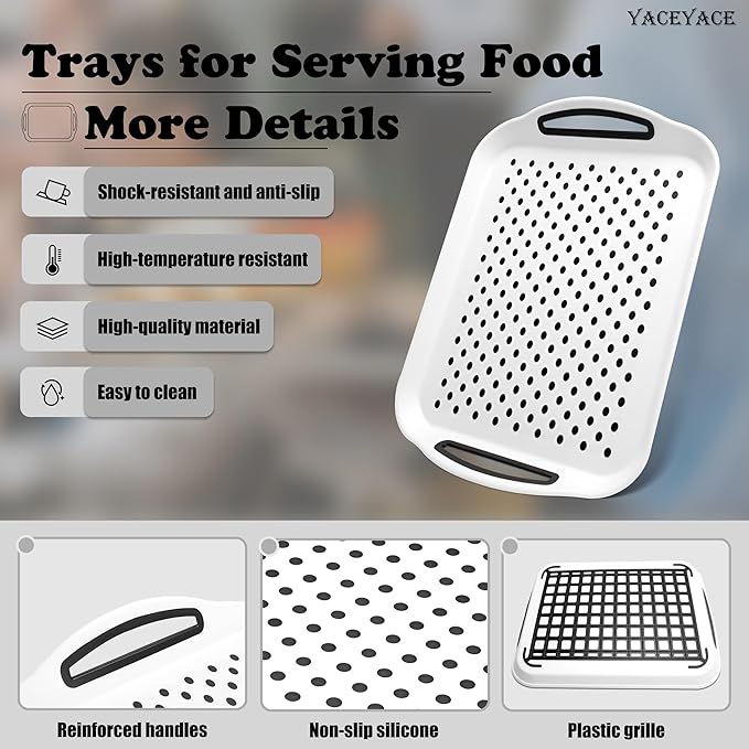 Trays for Serving Food, 2 Pack of Food Serving Trays, Silicone Grippy Dots, Non Slip-White Serving Trays for Breakfast, Fruit, Dessert