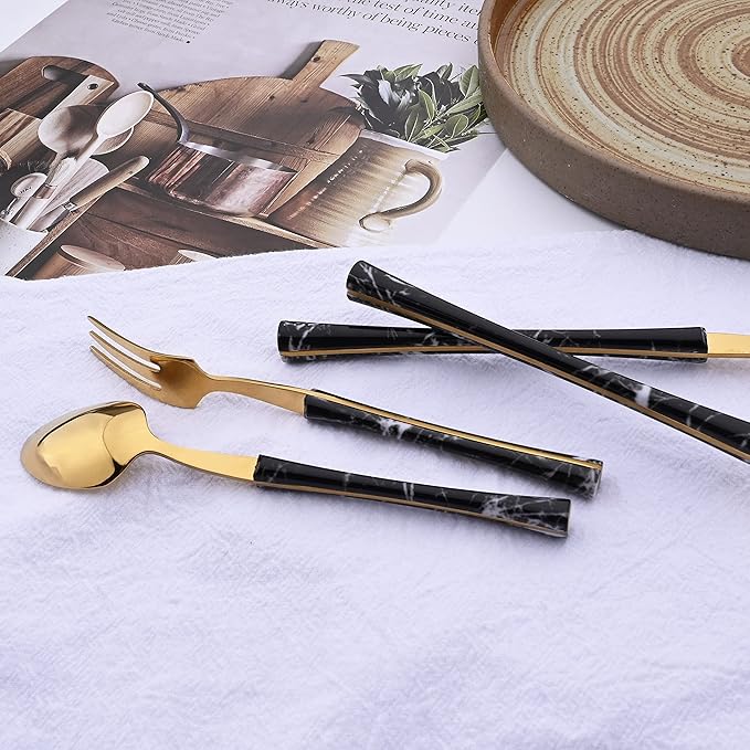 24PCS Silverware Set 18/0 Stainless Steel Flatware Set for 6 Includes 6 Dinner Knife/6 Dinner Fork/6 Dinner Spoon/6 Teaspoon Mirror Polished Cutlery for Home - Black Gold Eating Utensils