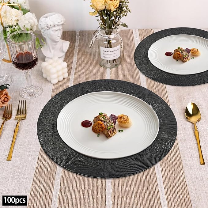 100 Pcs Antique Charger Plates Bulk 13 Inch Embossed Rim Plastic Party Dinner Plate Chargers Round Decorative Server Plate for Wedding Party Event Tableware (100pcs-black1)
