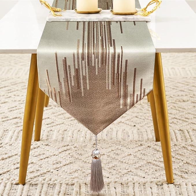 Glam Champagne Table Runner 13 x 98 Inches Long Double Layer Abstract Pattern with Luxury Tassel for Coffee Sofa Dresser Dining Table Fireplace Home Decor