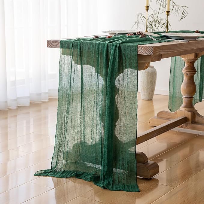 Keketoarrange Emerald Green St. Patrick's Day Table Runner Cheesecloth Gauze 120 Inch 10 FT Rustic Boho Cheese Cloth Decor for Wedding Baby Bridal Shower Sheer Vintage Spring Easter Home Decorations