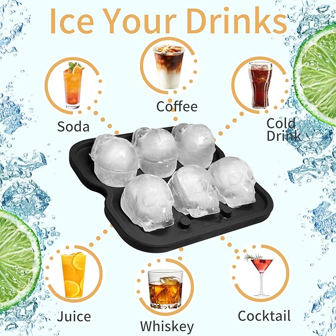 Skull Ice Cube Mold,JLMIH 6-Cavity Silicone Skull Ice Tray Fun Shapes for Halloween& Party Drinks,Whiskey, Cocktail, Bar,Easy Release & Dishwasher Safe